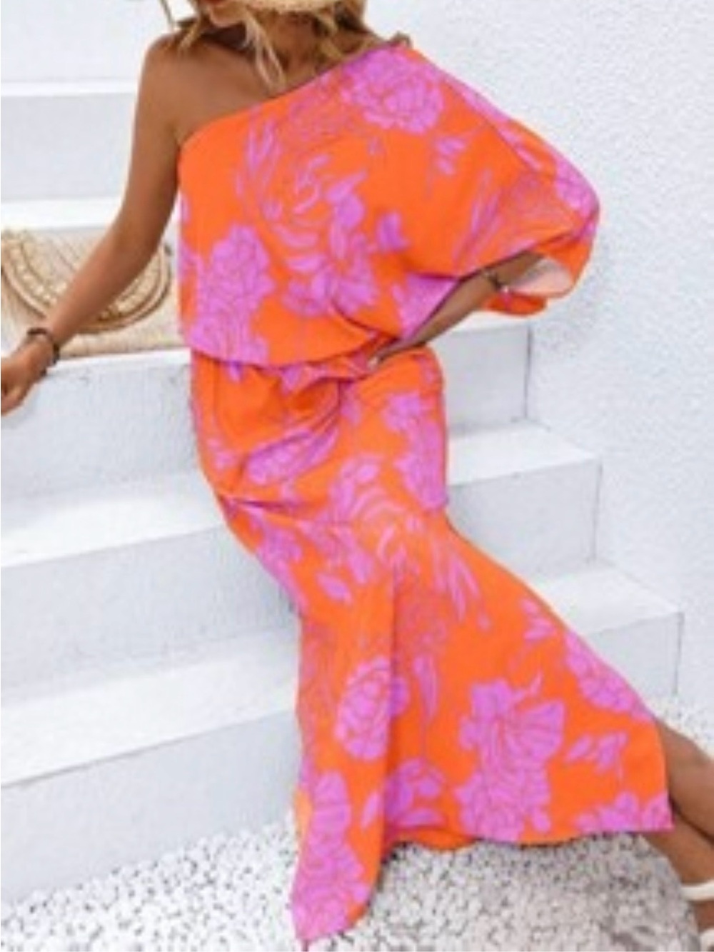 SHEIN Orange One-Shoulder Maxi Dress with Pink Floral Print